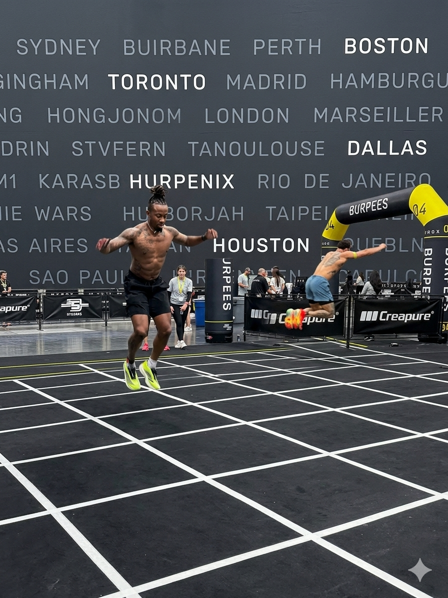 Athlete performing burpees at a HYROX race event